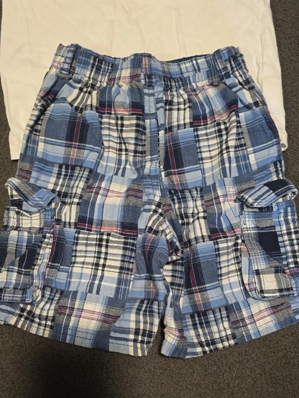 Faded Glory White Short Sleeve Tee with Blue Plaid Cargo Shorts